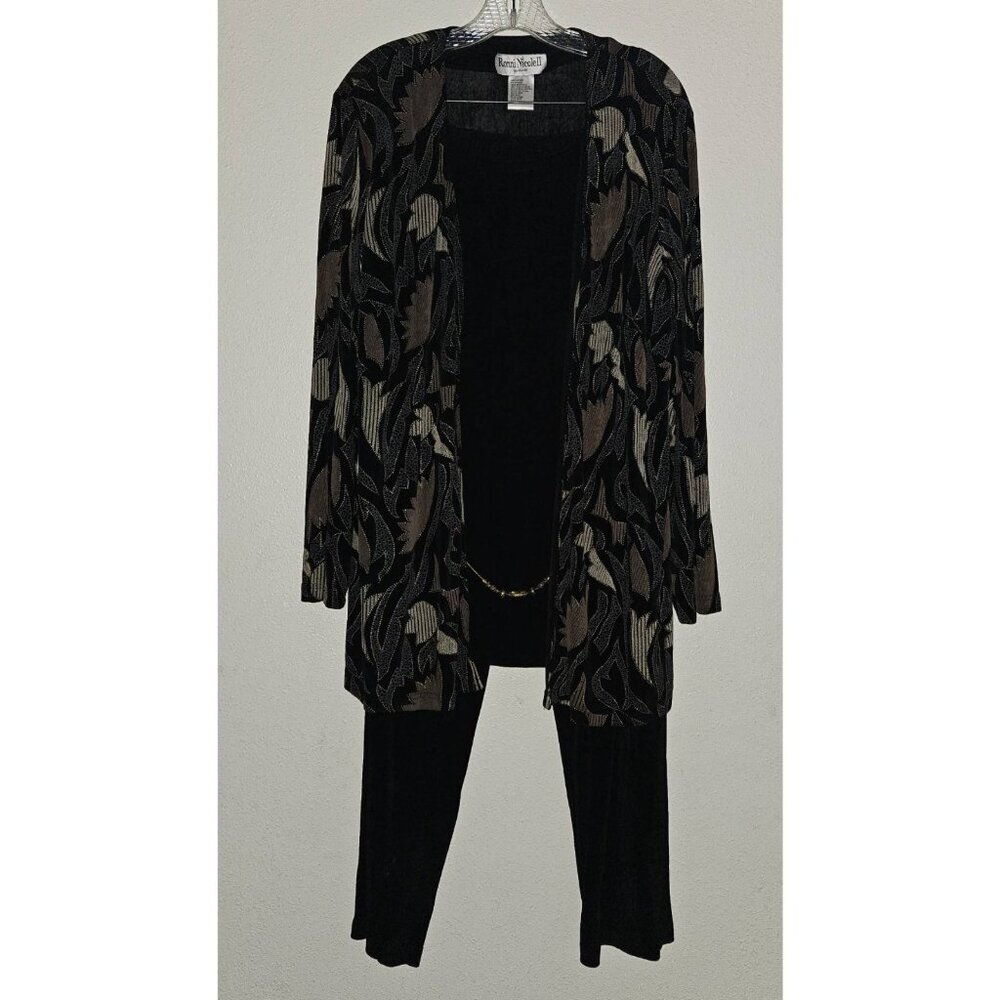 Ronni Nicole Ouida Black Shirt Attached Cardigan Pants Set Slinky Acetate Sz 16